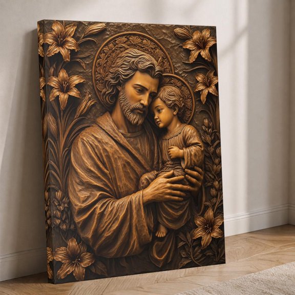 Saint Joseph and Child Jesus Canvas Print, Religious Wall Art, Catholic Decor