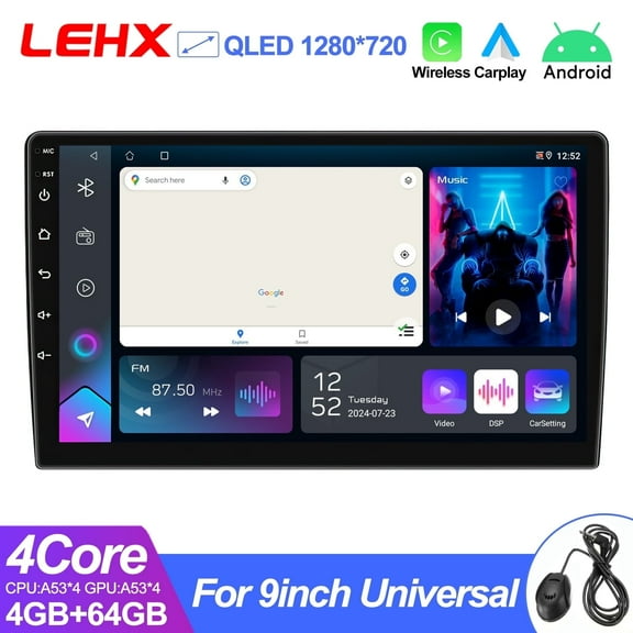 LEHX 9inch 4 64GB Universal Car Stereo QLED Screen Double Din Car Audio Head Unit Wireless CarPlay & Wireless Android Auto with Bluetooth,GPS Tracking,WiFi Cortex-A53