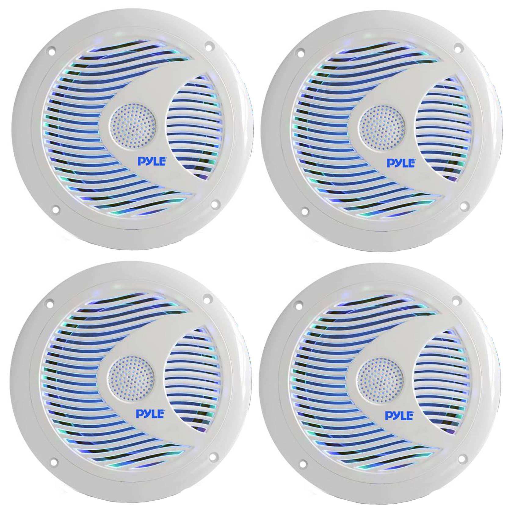 4) Pyle Waterproof 150 Watt Marine LED Speakers, White/6.5 Inch