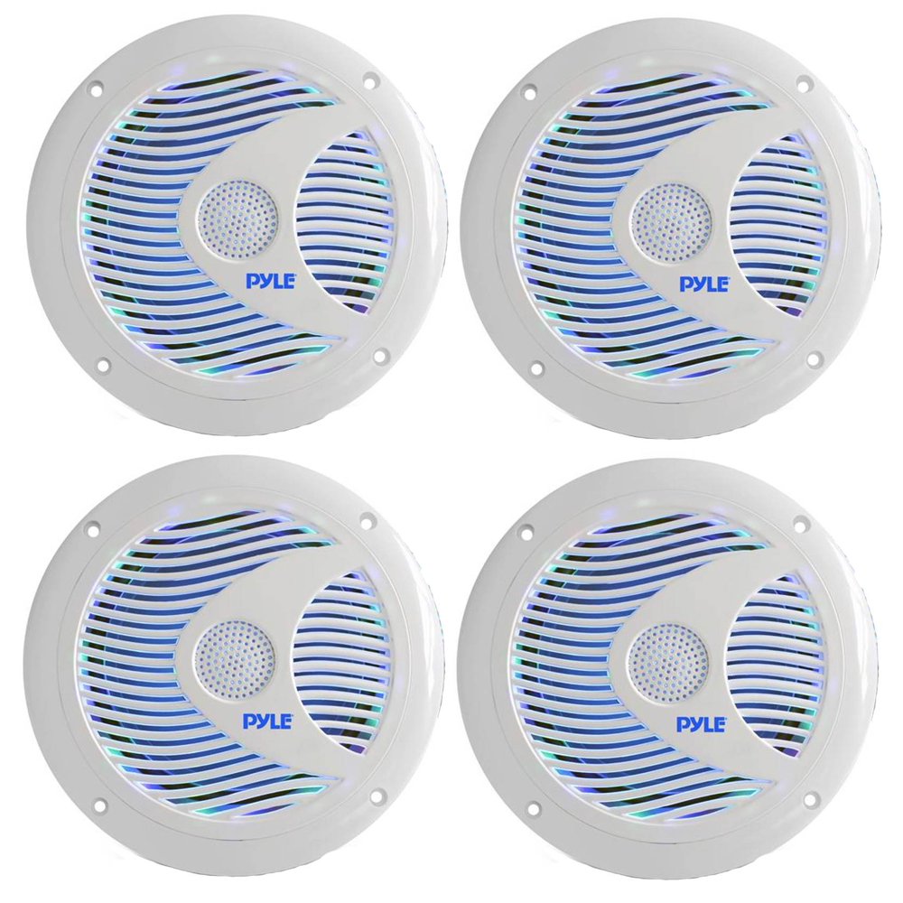 4) Pyle Waterproof 150 Watt Marine LED Speakers, White/6.5 Inch