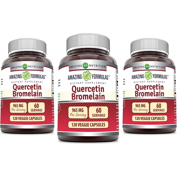 Amazing Formulas Quercetin Bromelain 965mg Per Serving 120 Veggie Capsules Supplement | 800mg Quercetin & 165mg Bromelain | Non-GMO | Gluten Free | Suitable for Vegetarians | Pack of 3