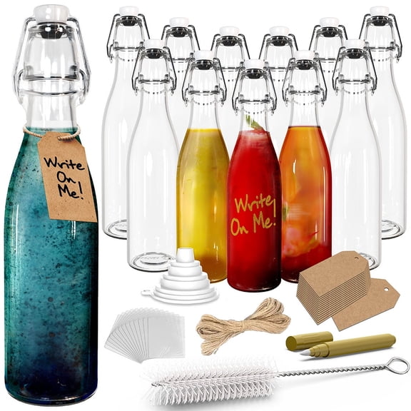 Nevlers 12 oz Round Swing Top Glass Bottles (Pack of 12) | Includes Funnel, Brush, Tags, Shrink Wrap and Marker
