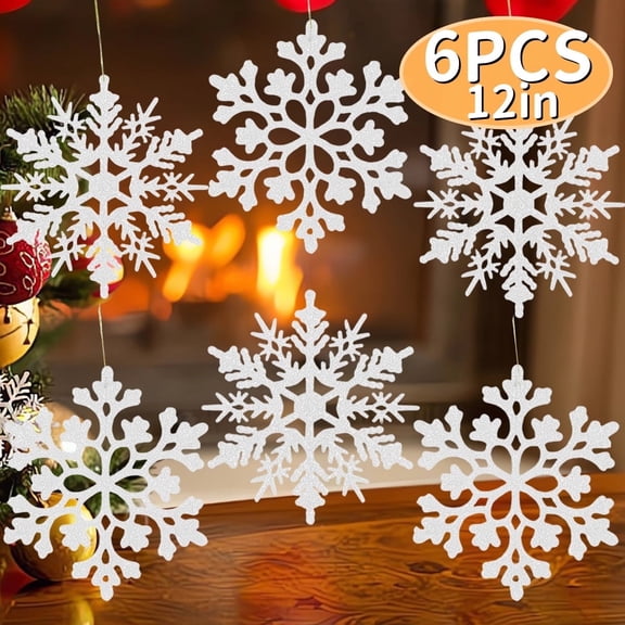 Christmas Hanging Snowflakes 12Inch  Large White Glitter Snowflakes Ornaments Big plastic Snowflake Winter Indoor Outdoor Christmas Tree Holiday Decor 6pcs