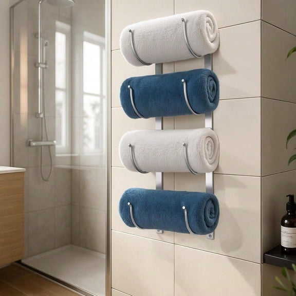 4-Tier Wall Mounted Rolled Towel Storage Rack, Hanging Towel Holder Organizer for Towels, Blankets and Large Bath Sheets, Space Saving Storage for RV, Closet, Toilet and Cabinet