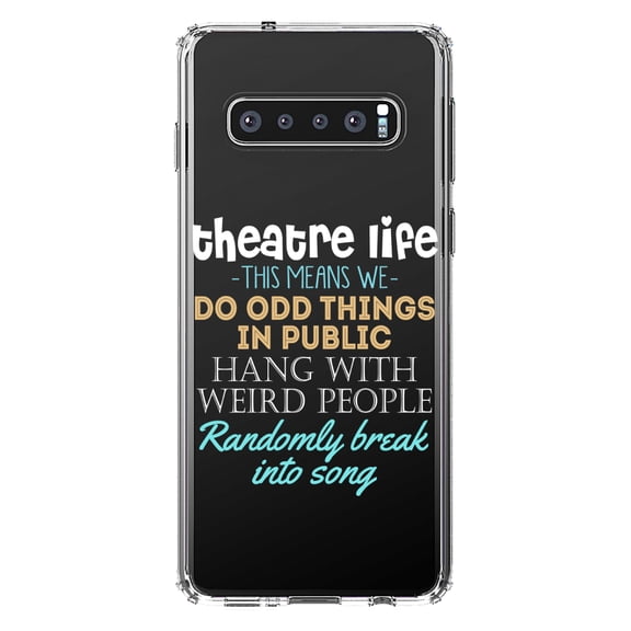 DistinctInk Clear Shockproof Hybrid Case for Samsung Galaxy S10  PLUS (6.4" Screen) - TPU Bumper Acrylic Back Tempered Glass Screen Protector - Theatre Life - Odd Things in Public