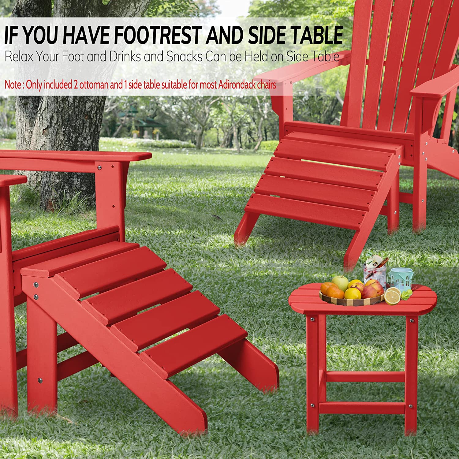 FHFO Adirondack Ottoman and Side Table for Adirondack Chairs, 2 Pieces Outdoor Adirondack Footrest & 1 Piece End Table, Weather Resistant Footstool Table for Adirondack Chair （Red） - image 4 of 5