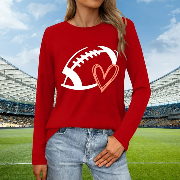 Red Women's Long Sleeve T-shirt, Sweatshirt Women Cute Football Graphic Pullover Shirt Football Season Long Sleeve Tops,Women's Long sleeve T-shirt S