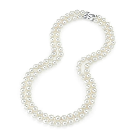 14K Gold Japanese Akoya White Cultured Pearl Double Strand Necklace - AAA Quality, 18-19" Necklace Length