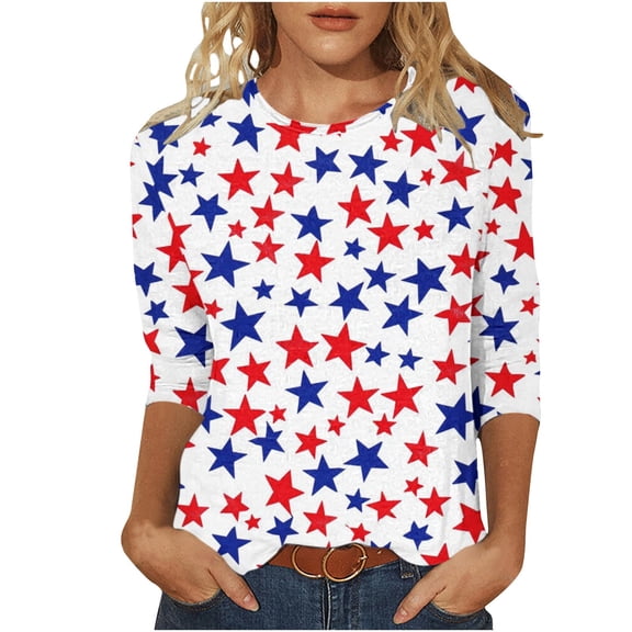 Oplxuo Womens 3/4 Sleeve American Flag T-Shirts Crew Neck 4th of July Summer Graphic Tee Tops