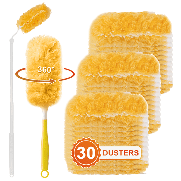 Xueyu 30 Pack Heavy Duty Duster Refills for Swiffer Duster, Disposable Microfiber Duster with 1 Short Handle and 1 Extended Handle, 4X Microfibers for Cleaning