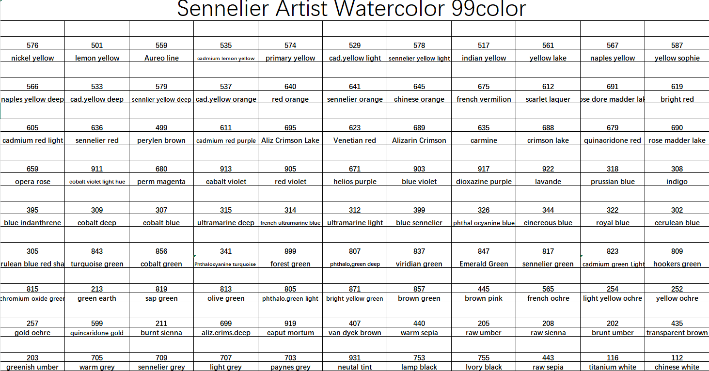 Sennellier French artist watercolor handmade 99 color set, metal case, 0.5ml, suitable for artists, students, and hobbyists