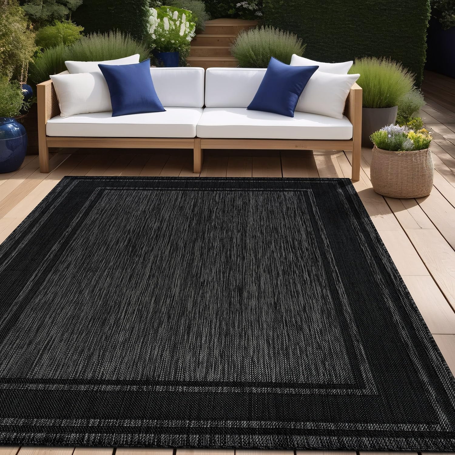 Beverly Rug Floral Bordered Washable Outdoor Indoor Area Rugs 10x14 Black