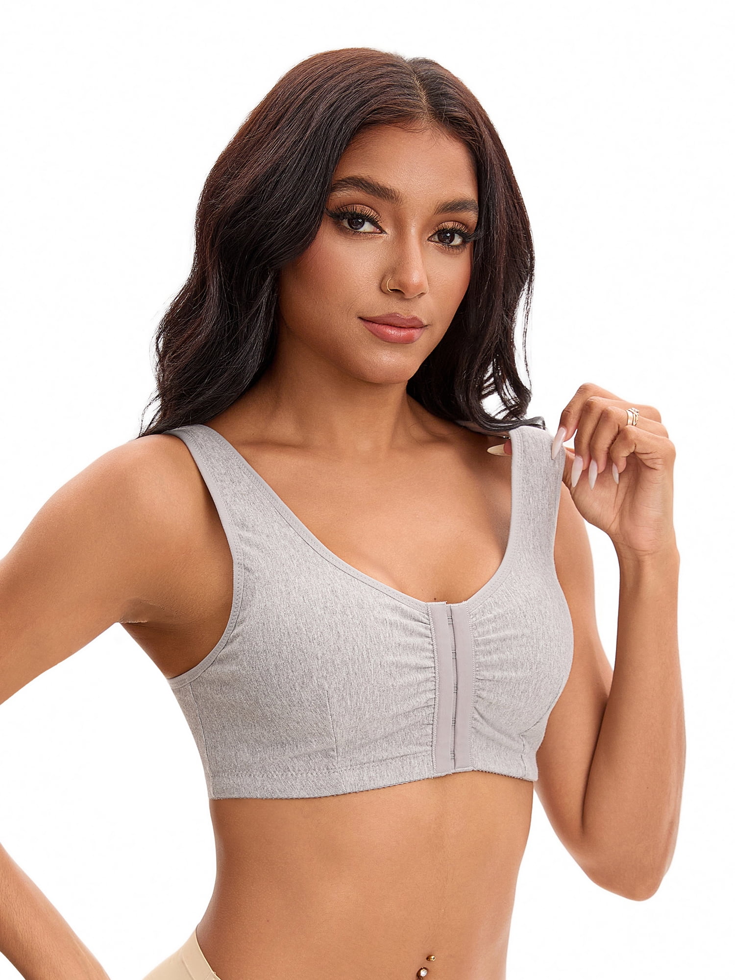Unique Bargains Women's Front Closure Adjustable Strap Wirefree Workout Bras L Grey