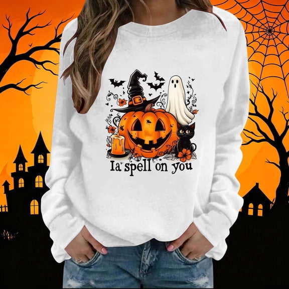 NSLGXD Halloween Sweatshirts Women Funny Pumpkin Graphic Pullovers Vintage Classic Round Neck Long Sleeve Sweat Tops Halloween Clothes S-2XL