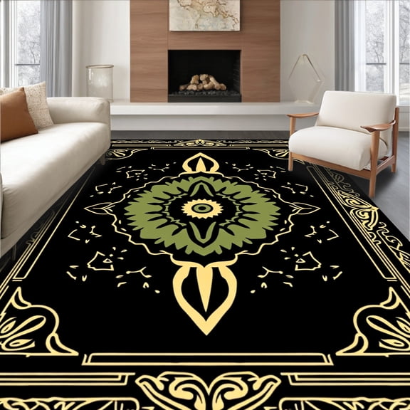Flatwoven High Traffic Area Rug, Contemporary Boho Style Abstract Animal and Floral Fusion Motif, Non Slip, Stain Resistant, Washable Area Rugs for Living Room, Bedroom(Black, 4X6)