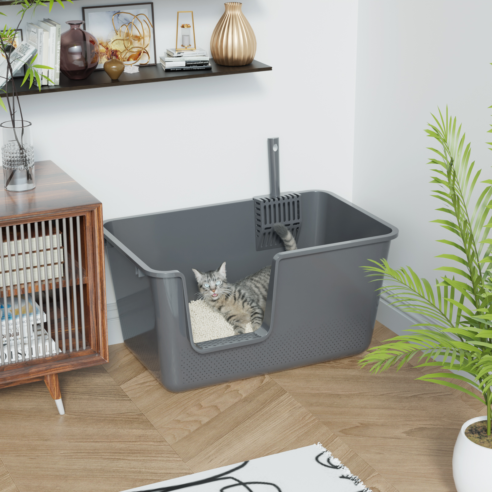 Yesdate Open Cat Litter Box, Large Standard Litter Box, Kitten Litter Potty Pan for Small & Large Cats, Easy to Clean, Low Entry, 4 Units, Grey