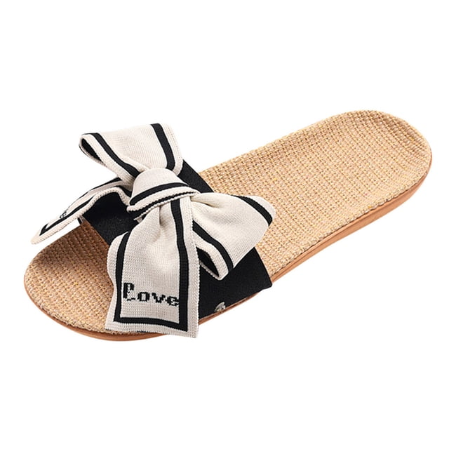 Leozcaa Women's Boho Bow Open Toe Flat Sandal Straw Linen Slippers Summer Beach Vacation Slip On Slides
