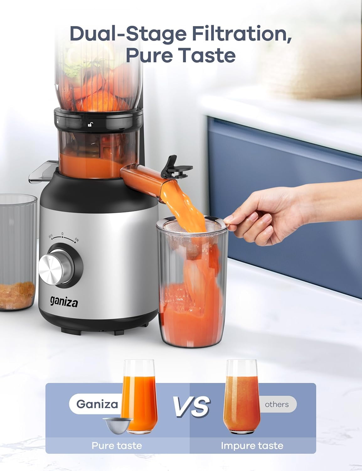 Cold Press Juicer 4.3 Inch Compact Masticating  with 3 Filters One-Touch Quiet Operation  Silver