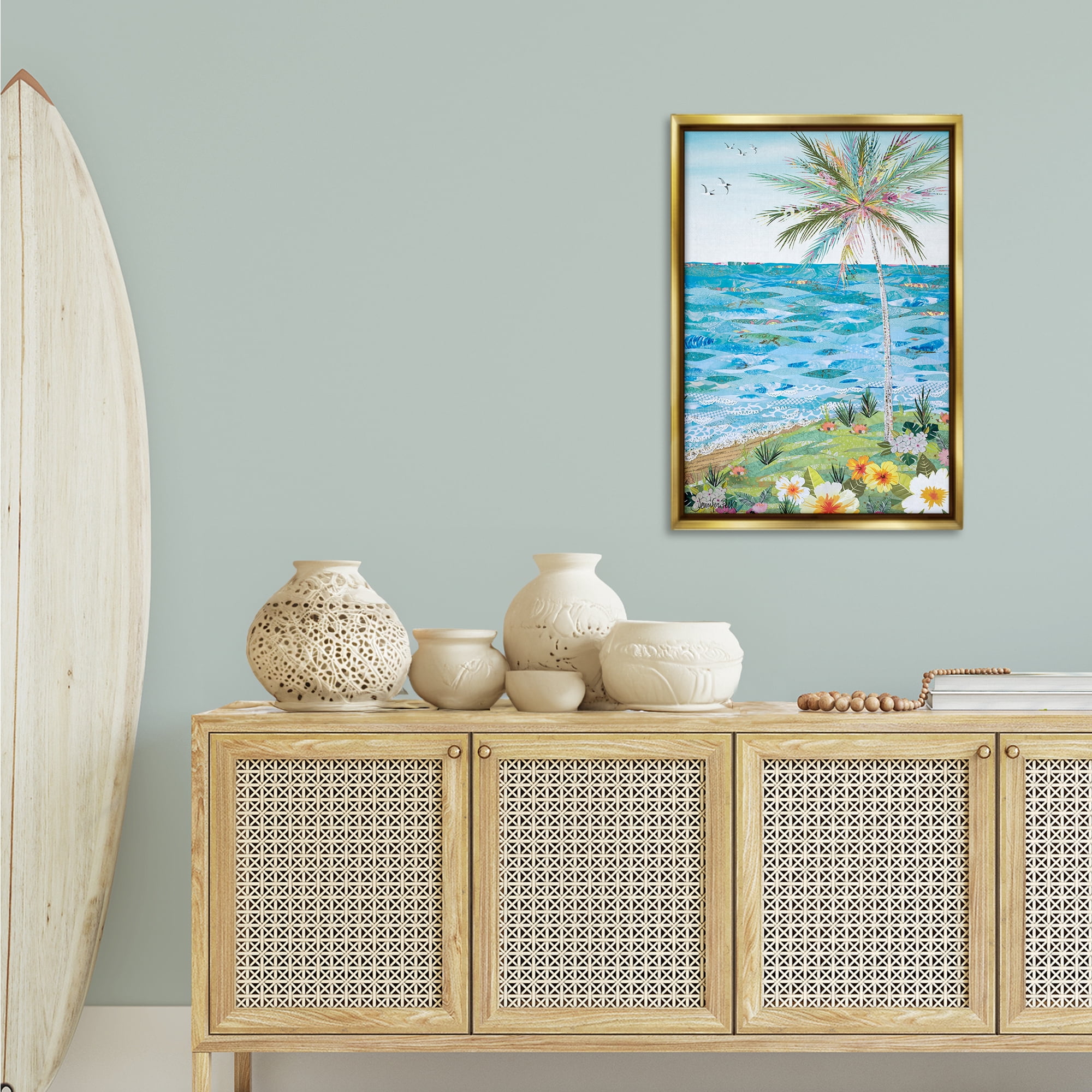 Stupell Industries Collaged Tropical Landscape Landscape Painting Gold Floater Framed Canvas Art Print Wall Art, 21 x 31
