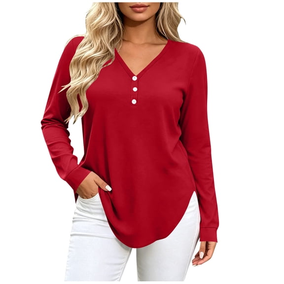 Setooff V Neck Decorative Button Long Sleeve Blouses for Women, Solid Loose Plus Size Casual Fall Tops for Women