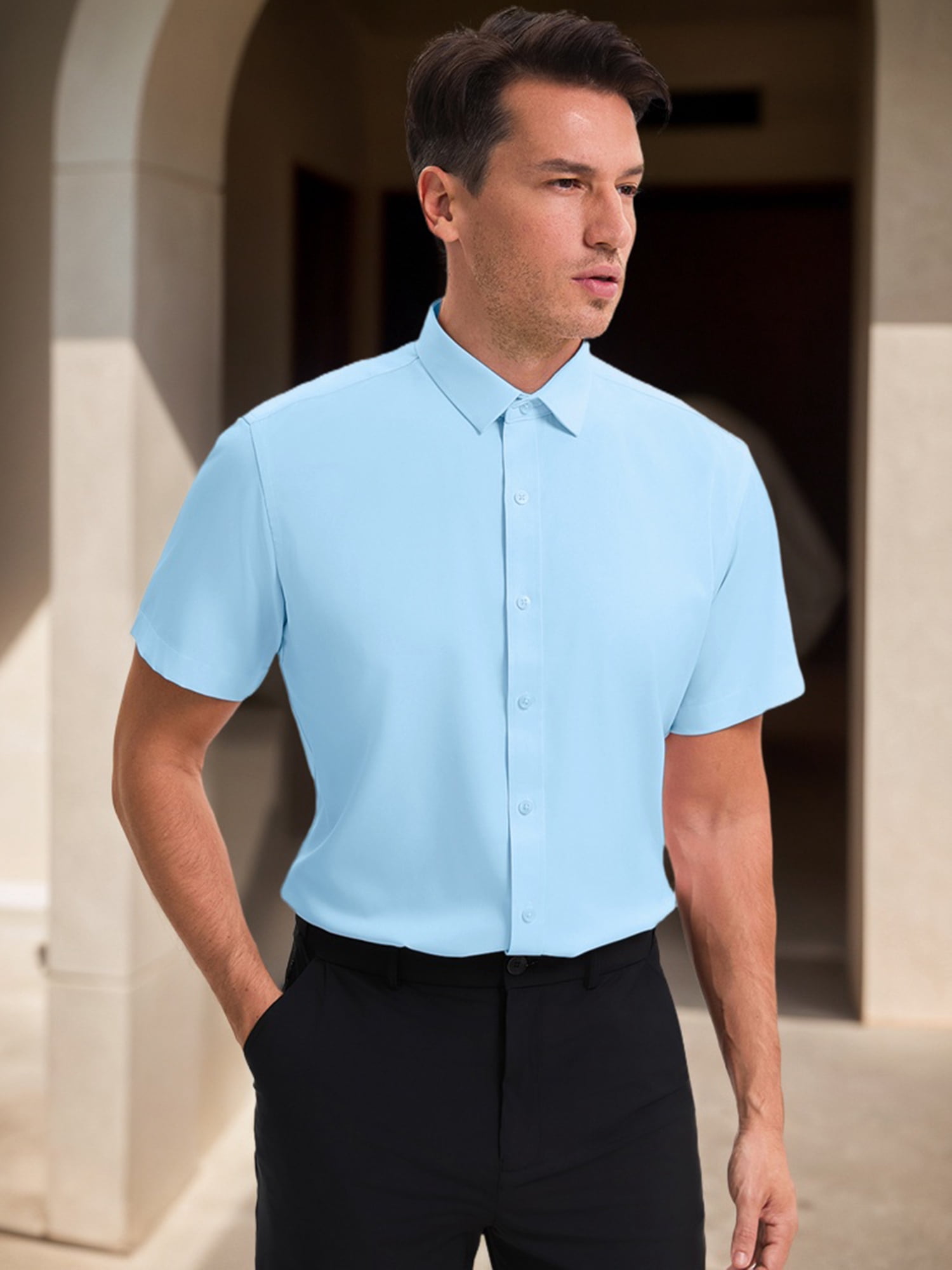 Unique Bargains Men's Short Sleeve Lightweight Business Formal Button Down Shirt L Blue