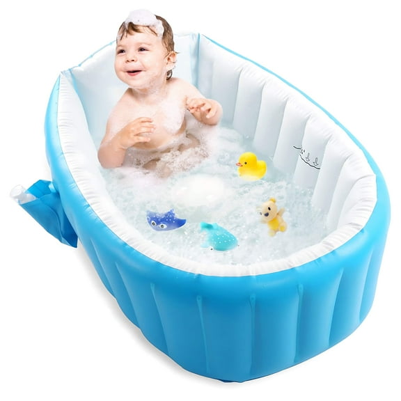 Inflatable Baby Bathtub, Portable Infant Toddler Bathing Tub, Non Slip Travel Bathtub Mini Air Swimming Pool, Foldable Shower Basin for Newborn, Blue