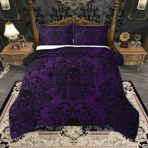 Homewish Baroque Floral Bedding Comforter Set,Spooky Ghothic Skeleton Twin Comforter Sets,Black Purple Bedding Set For Adults,Ultra Soft Bedroom Decoration Reversible,2pcs