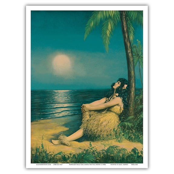 Hawaiian Hula Girl under the Full Moon - Vintage Pin Up Girl Print c.1900s - Master Art Print (Unframed) 9in x 12in