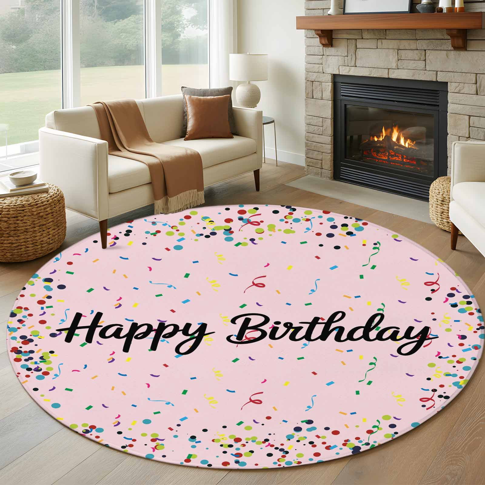 Happy Birthday Large Area Rugs for Bedroom Living Room, Soft Non Slip Carpet Bedside Rug, Pink Modern Abstract Art Round Floor Cover Kitchen Accent Rug 5' for Dining Room/Office