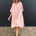 thumbnail image 2 of biudgviw Womens Oversized Dresses Cotton Linen Flowy V Neck Collared Half Buttons Midi Dress Fall Loose 3/4 Sleeve T-Shirts Dress, 2 of 6
