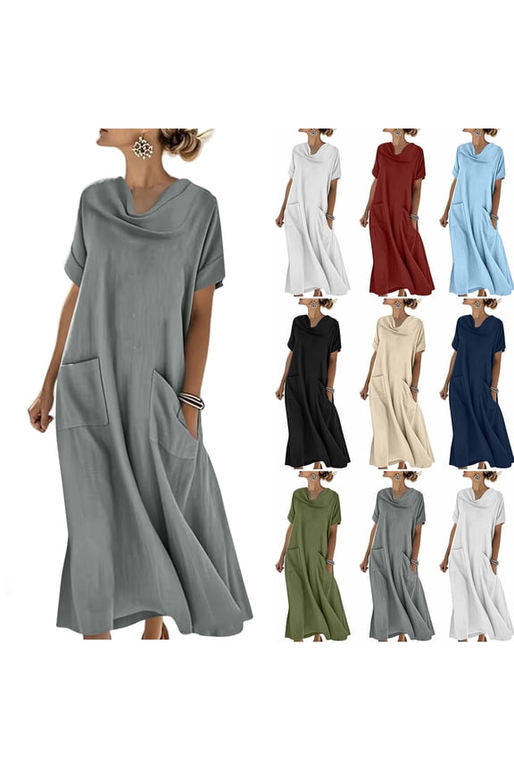 Women's Solid Color Short Sleeve Linen-Like Maxi Dress, Casual Loose Fit Pocket Flowy Long Dresses for Summer