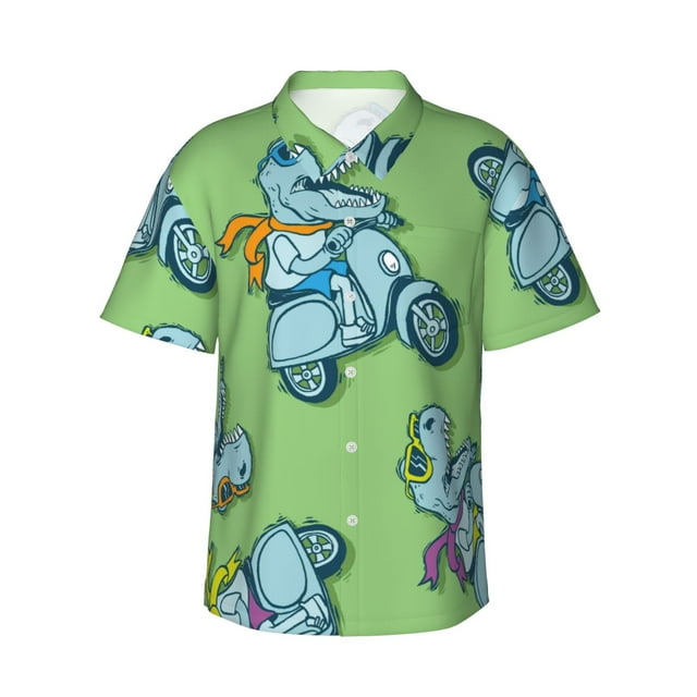 Xecao Motorcycle Riding Dinosaur Pattern Men's Hawaiian Shirt with Button Front and Chest Pocket Classic Short Sleeve Beach Vacation Shirt,X-Large