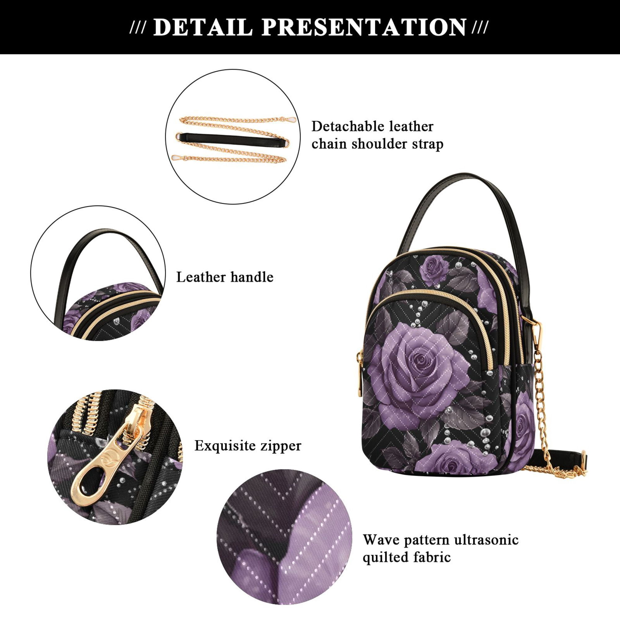 FORMRS Crossbody Bag for Women Quilted Travel Shoulder Cell Phone Purse with Chain Strap Handbag, Black Roses