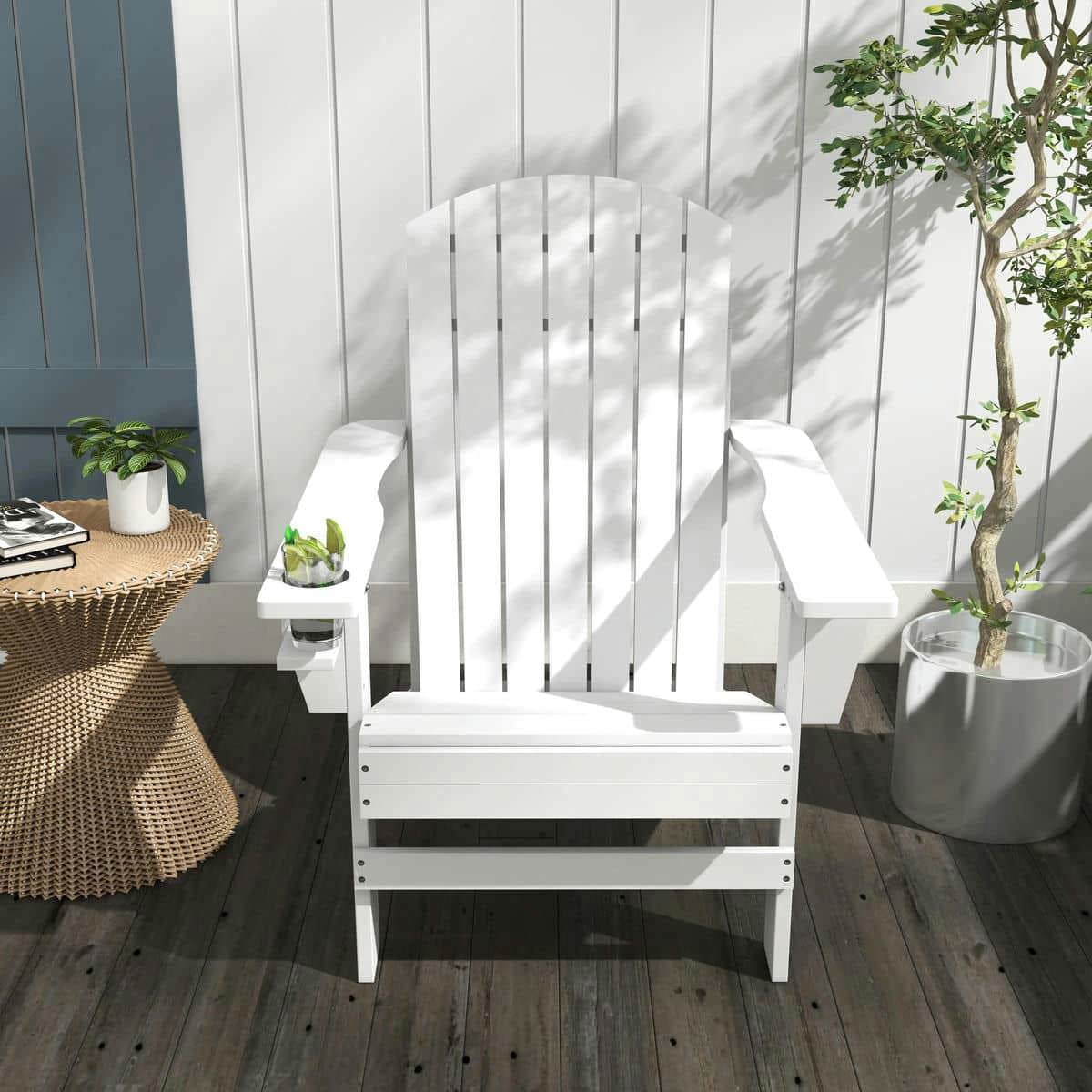 Spaco Oversized Adirondack Chair, Outdoor Porch Seating, Classic Log Lounge with Built-in Cupholder for Outdoor as Backyard, Lawn, Garden, White