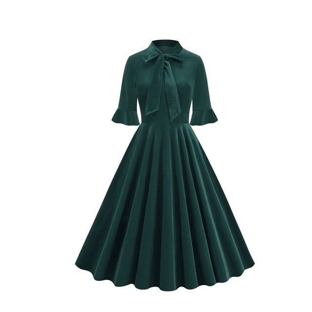 cfhntfmh Robes de Cocktail pour Femmes Vintage à Volants Manches 3/4 Robe Midi Élégante Nœud devant Invitée de Mariage Fête Bal Robe
