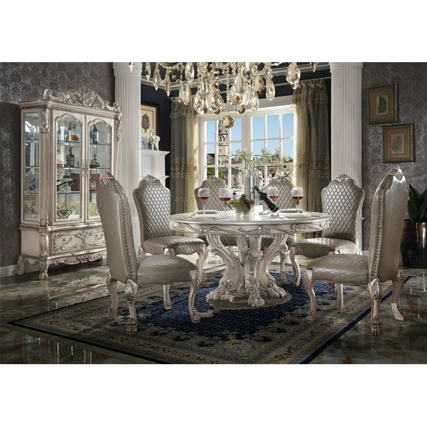 60inch Round Dining Table For 6 Large Versailles With Raised Scrolled Fl Motifs Wooden Trestle Base Oversized Claw Leg Living Room Vintage Bone White 60inch Round Dining Table For 6 Large, Versaille Pedestal Leg Dining Table