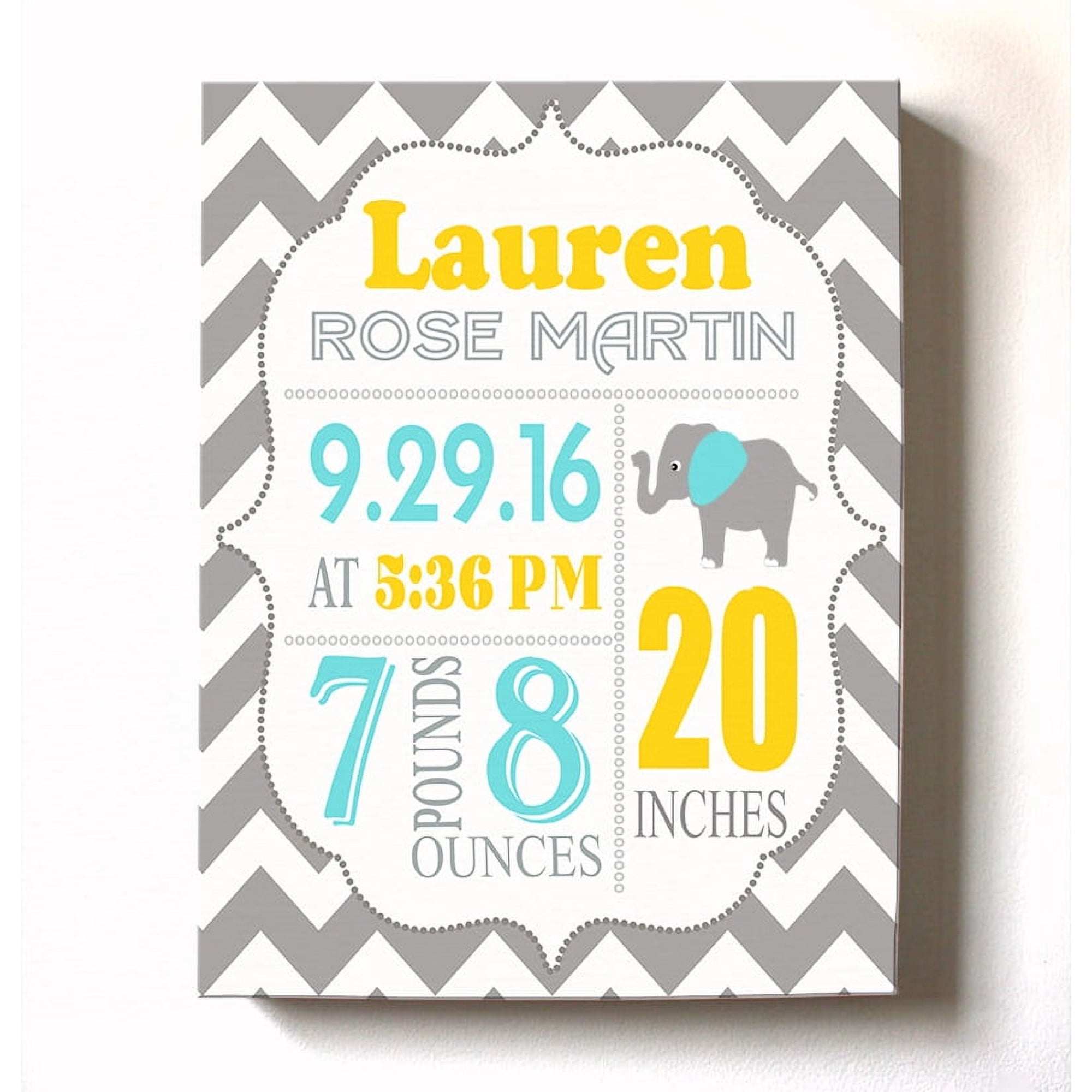 Personalized Canvas Birth Announcement Nursery Decor Gift, Elephant Design, Custom Name, Date, Weight & Length, Unique Boys & Girls Baby Shower Wall Art Presents, Color Gray # 11, Size - 11X14