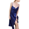 thumbnail image 5 of Defitshape Women's Silk Nightgown Summer Chemise Knotted Lace Satin Pajama Dress Drape Neck Backless High Slit Knee Length Sleep Dress Spaghetti Straps Lingerie Flounce Flowy Navy Blue XX-Large, 5 of 5