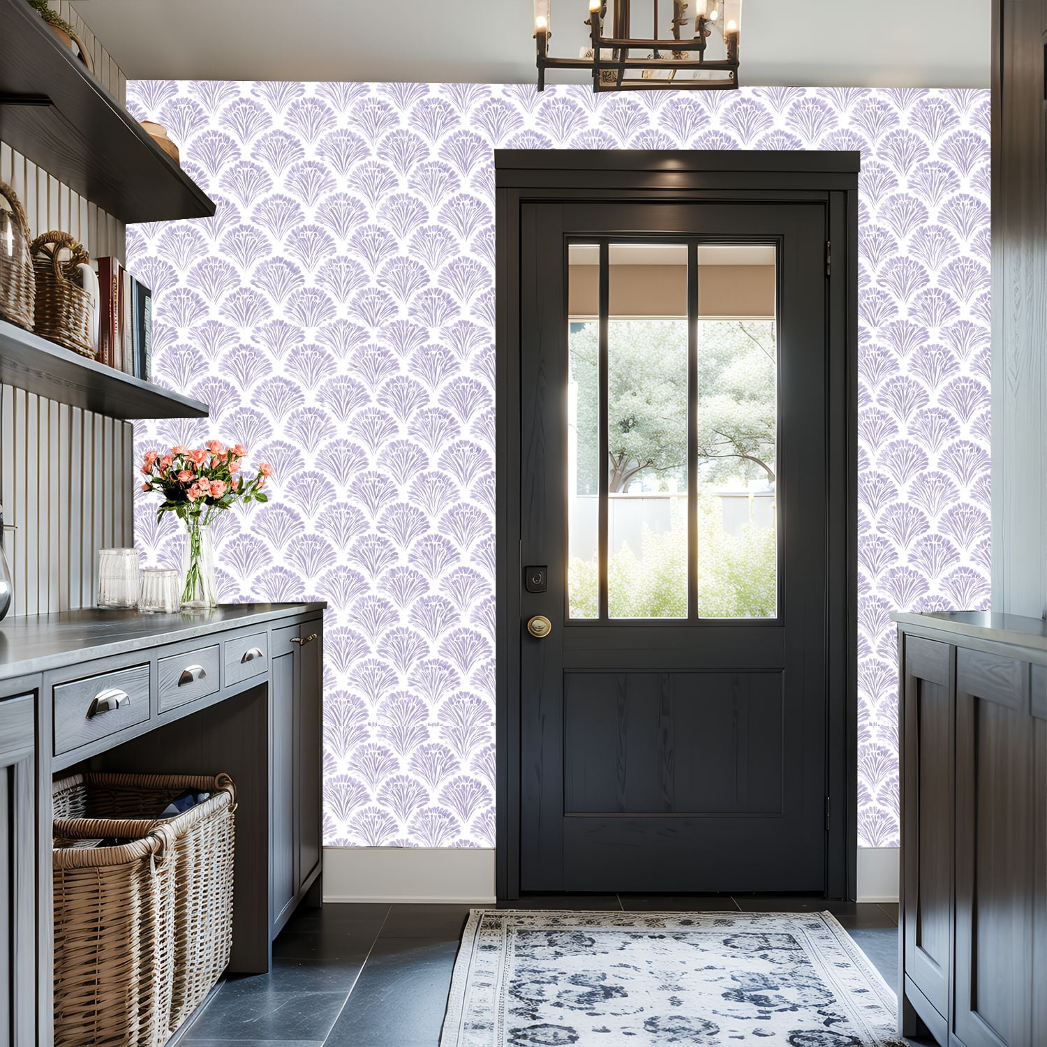 Peel and Stick Wallpaper Lavender Watercolor Art Deco Fan White Wall Mural 17.7in x 9.8ft Self Adhesive Removable Wall Paper Renter Friendly Wallpaper for Nursery Bedroom Cabinets