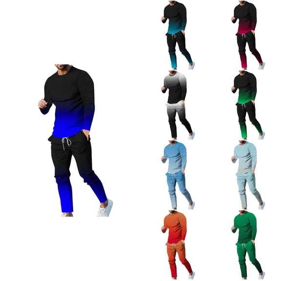 Antinious Mens Oversized Pajama Set Fall Winter Loose Round Neck Long Sleeve Gradient Elastic Waist Pants Sleepwear