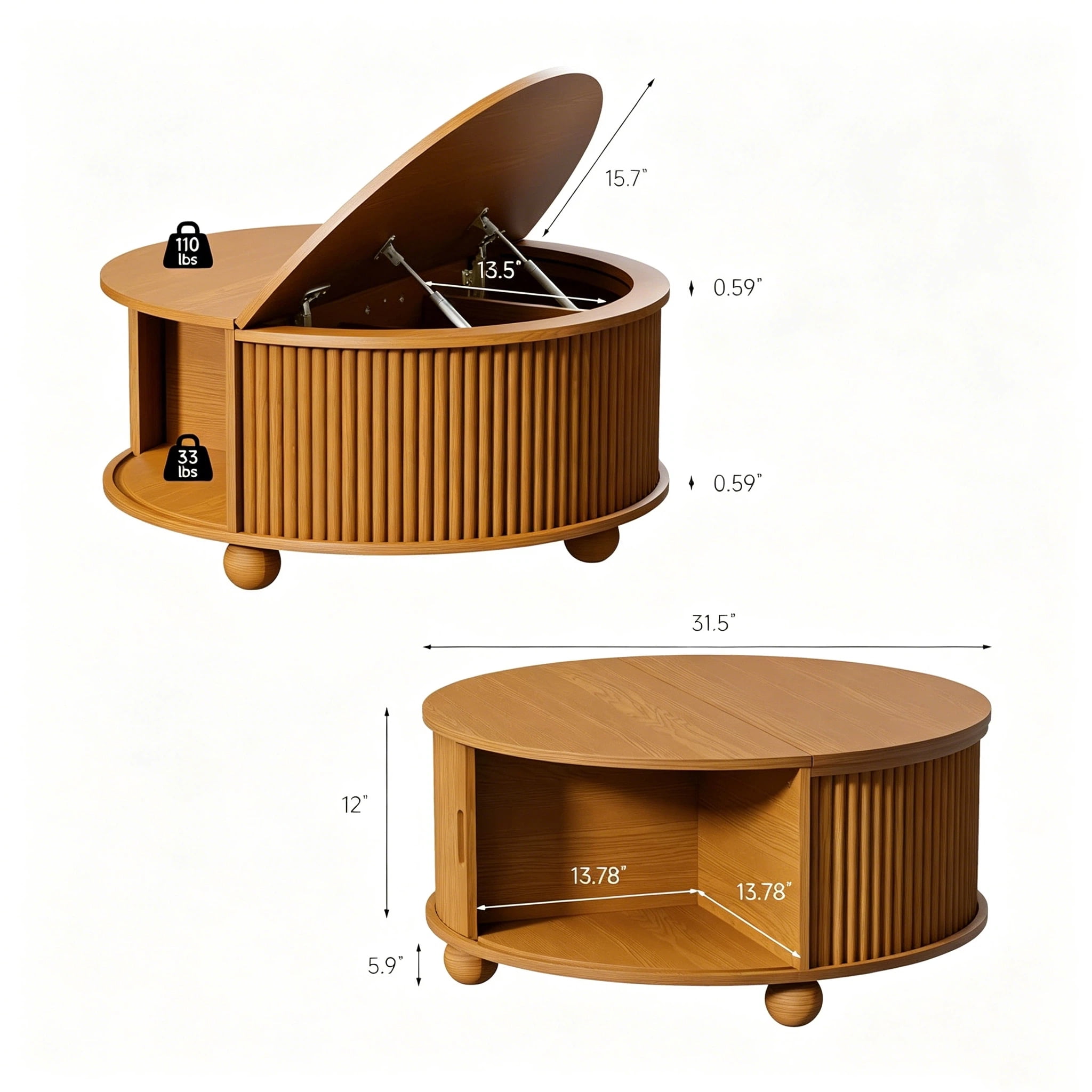 AISWORD 31.5" Fluted Round Coffee Table with Storage, Mid Century Modern Lift Top Drum Accent Table for Living Room Small Space, Yellow