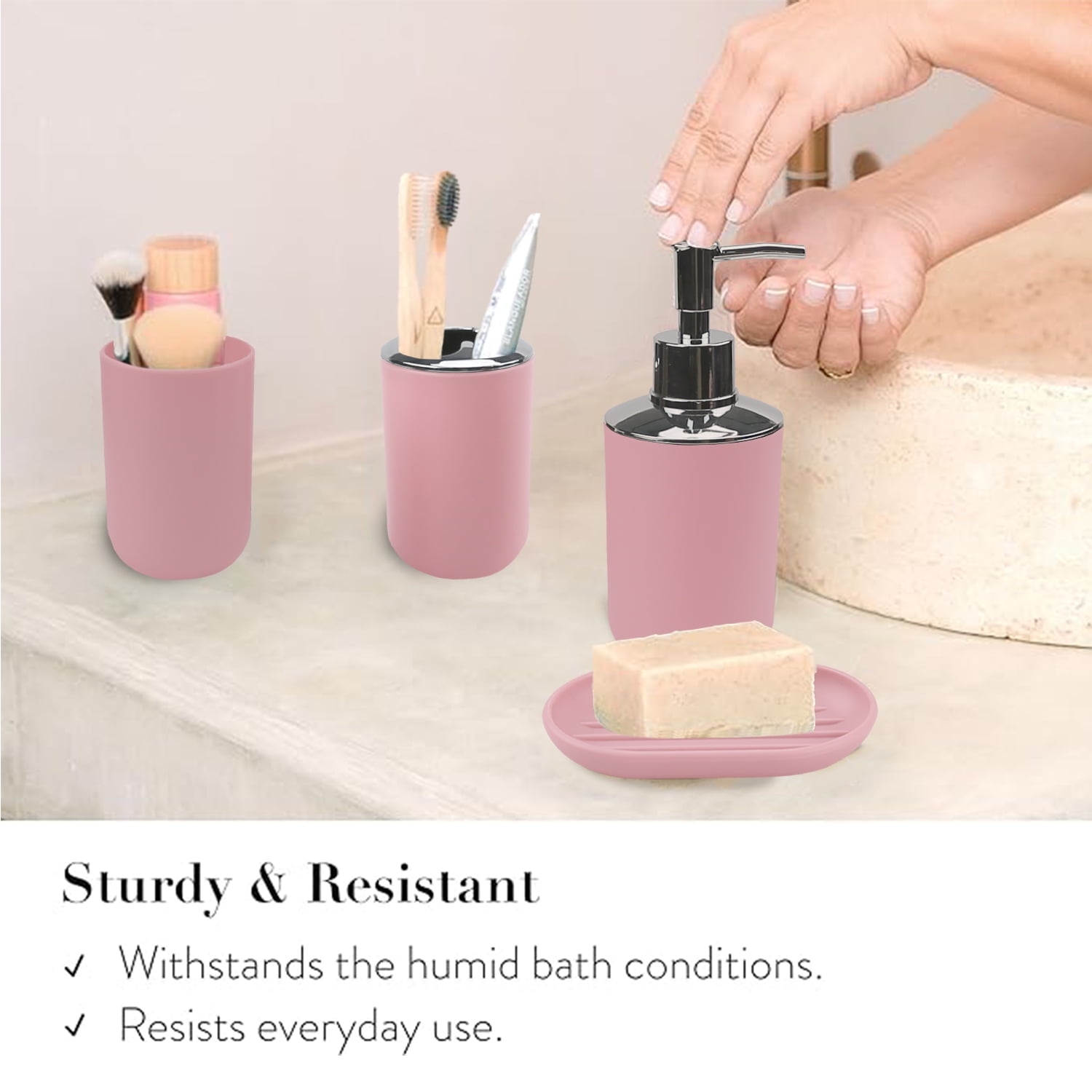 Bathroom Accessories Set 6 Pcs Bathroom Set Ensemble Complete Soap Dispenser Toothbrush Holder Tumbler Soap Dish Toilet Cleaning Brush Trash Can, Pink