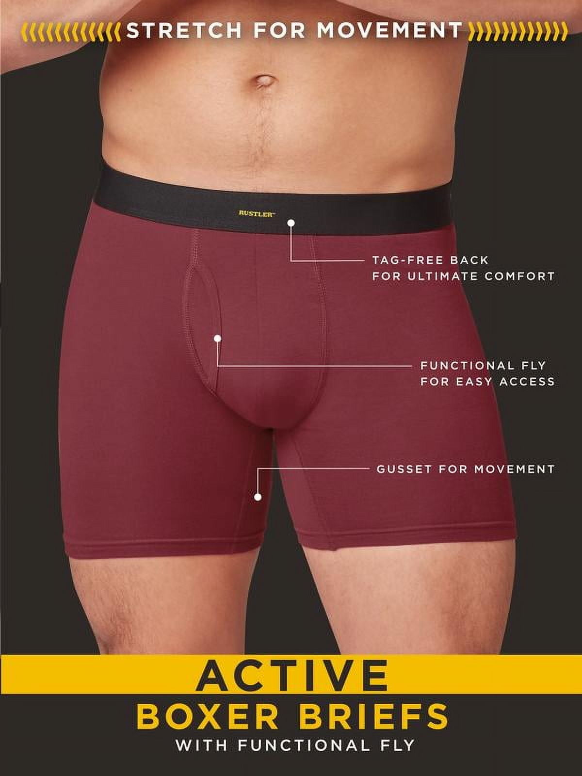 Rustler Men's Boxer Briefs, Active Underwear for Men, M, Black/Charcoal/Burgundy, 3-Pack