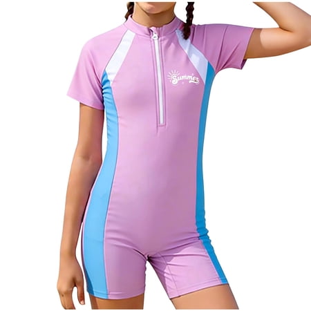 CYRBOKO Girls One-Pieces Swimsuits Short Sleeve Breathable Quick-dry Summer Bathing Sets Pink Size 5-6 T