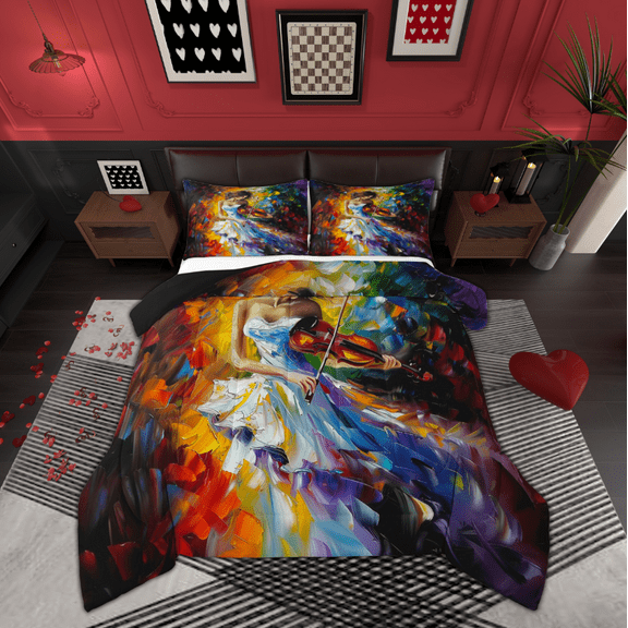 Manfei Violin Princess Bedding Comforter Set for Teens, Modern Fashion Twin Comforter Sets, Oil Printing Artwork Reversible Bedding Set, Microfiber Bedroom Decor, 2 Pieces