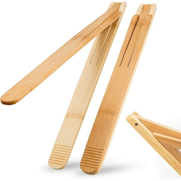 Bamboo Wood Salad Tongs with Space Saving Collapsible Spring, 11" Cooking Tong Enhanced Grip for Kitchen, BBQ Cooking, Camping or Grill, Foldable Carry or Storage, Flipping and Serving | Set of 2