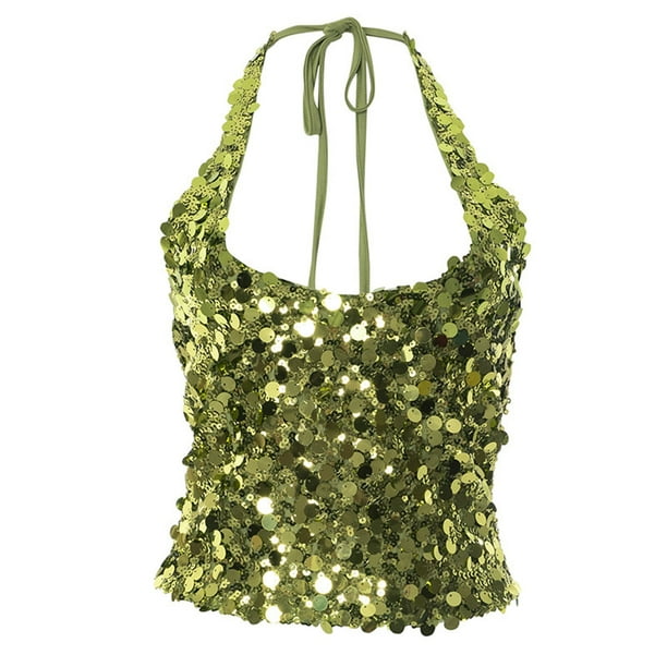 Tops cortos de fiesta de moda de color sólido con lentejuelas sin mangas y cuello en V para mujer, top de poliéster para mujer
