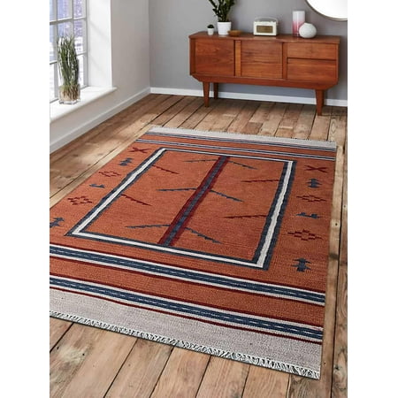 Kilim Area Rugs Rugsotic Carpets Hand Woven Flat Weave Kilim Wool 6'x9' Area Rug Contemporary Orange Blue D00140 ()