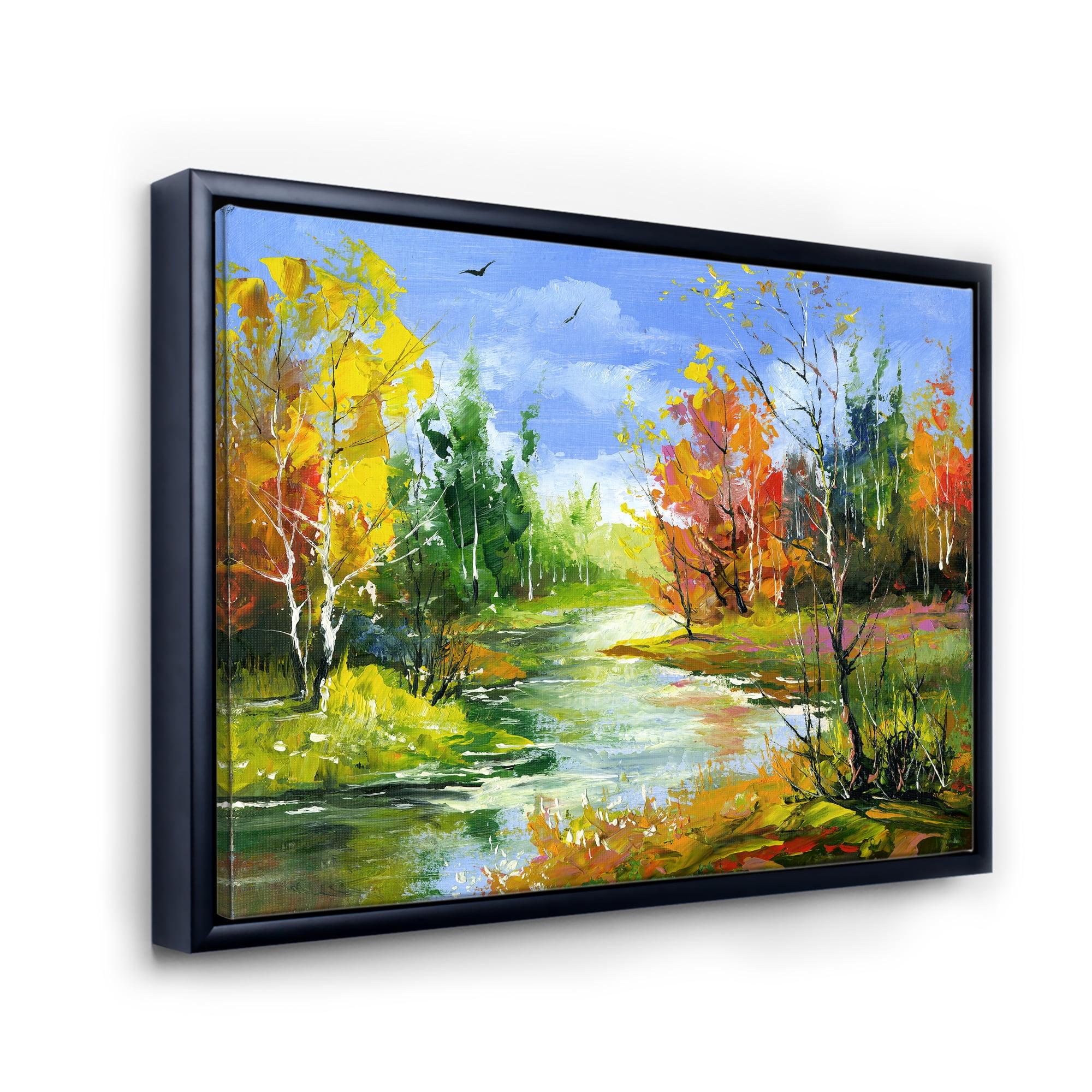 Autumn Landscape With Forest and River 32 in x 16 in Framed Painting Canvas Art Print, by Designart