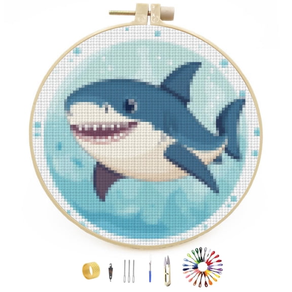 Cartoon Cute Sea Shark Easy Stamped Cross Stitch Kits for Beginners with Hoop Simple Patterns 11CT Counted Embroidery Needlepoint Crafts Arts for DIY Enthusiasts and Home Decor 26x26cm(5)